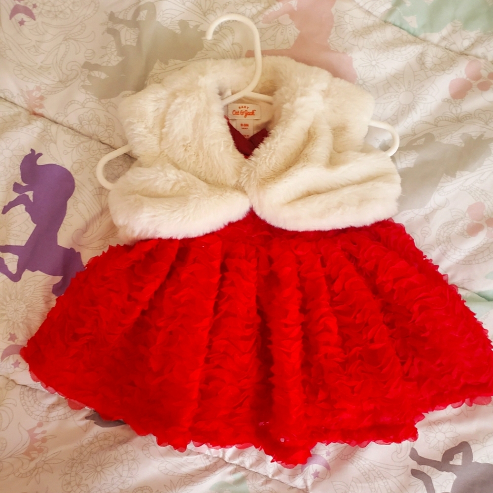 Red Christmas Dress with White Cardigan